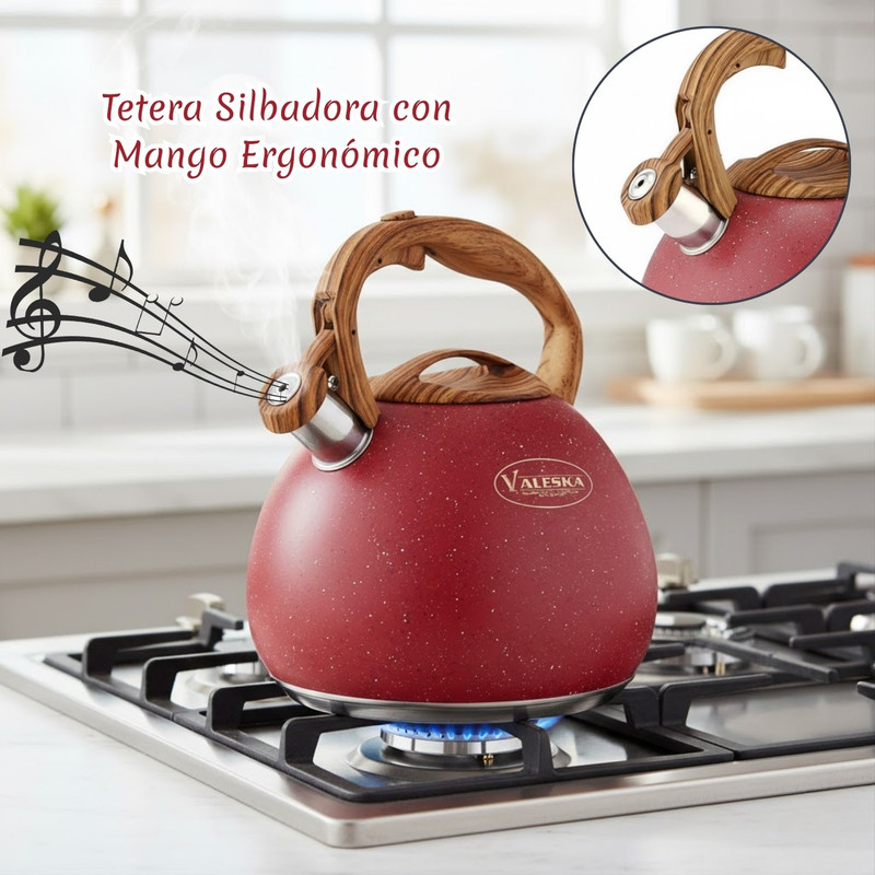 TETERA SILBADORA ACERO INOXIDABLE VALESKA ACABADO GRANITO 5L ROJO - 2