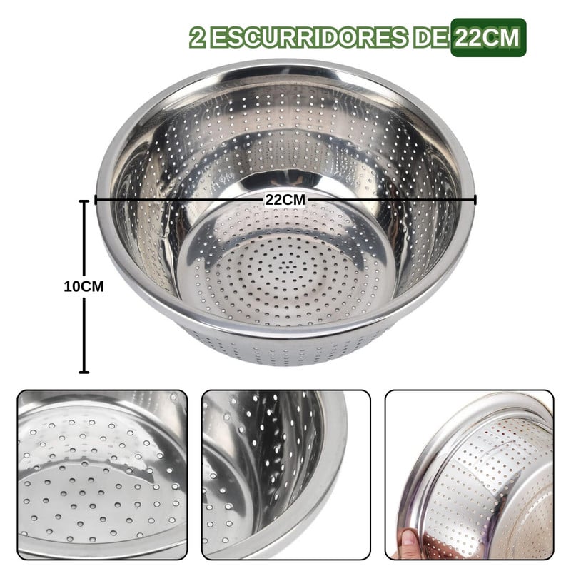 CESTO COLADOR DE COCINA DE ACERO INOXIDABLE DE 22CM DE 2 PZS - 4