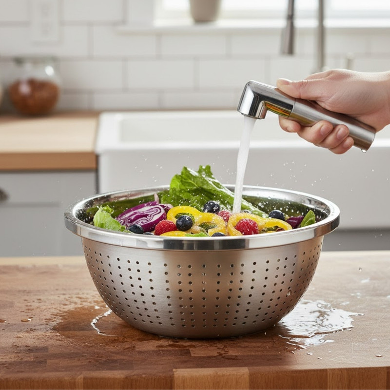 CESTO COLADOR DE COCINA DE ACERO INOXIDABLE DE 22CM DE 2 PZS - 5