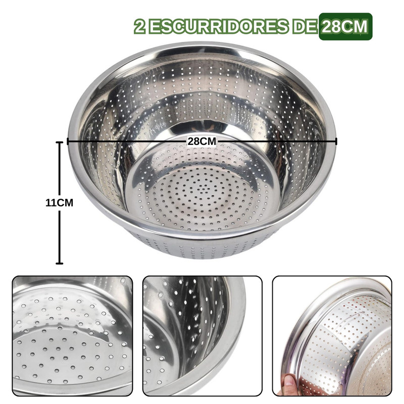 CESTO COLADOR DE COCINA DE ACERO INOXIDABLE DE 28CM DE 2 PZS - 4