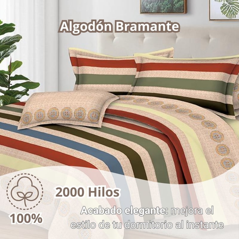 JUEGO DE SÁBANAS 100% SUAVE ALGODÓN 2PLAZAS 4 PIEZAS 2000 HILOS RAYAS CÁLIDAS - 2