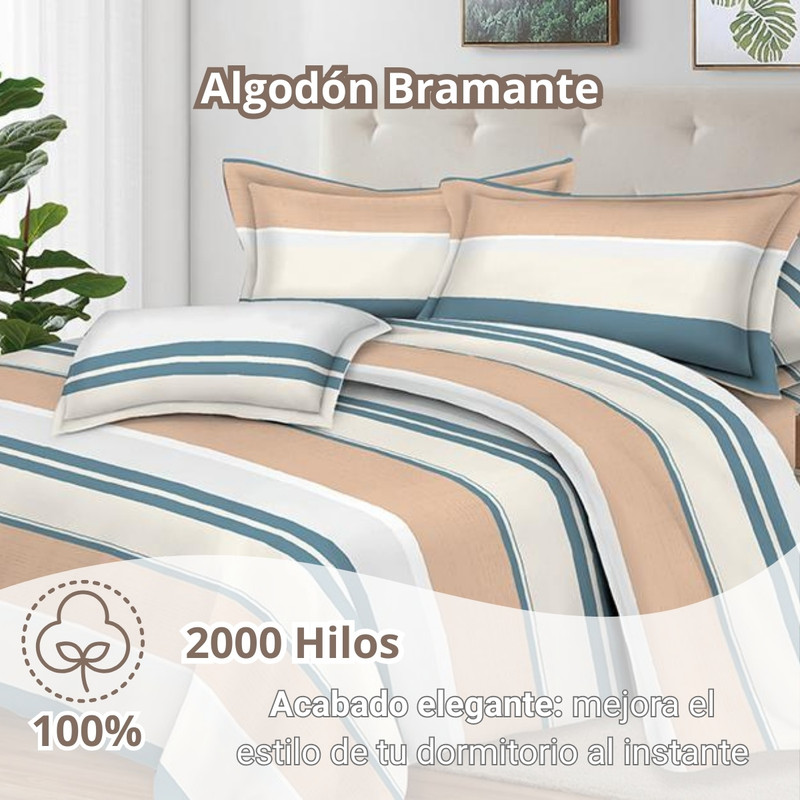 JUEGO DE SÁBANAS 100% SUAVE ALGODÓN 2PLAZAS 4 PIEZAS 2000 HILOS RAYAS MELÓN AQUA - 2