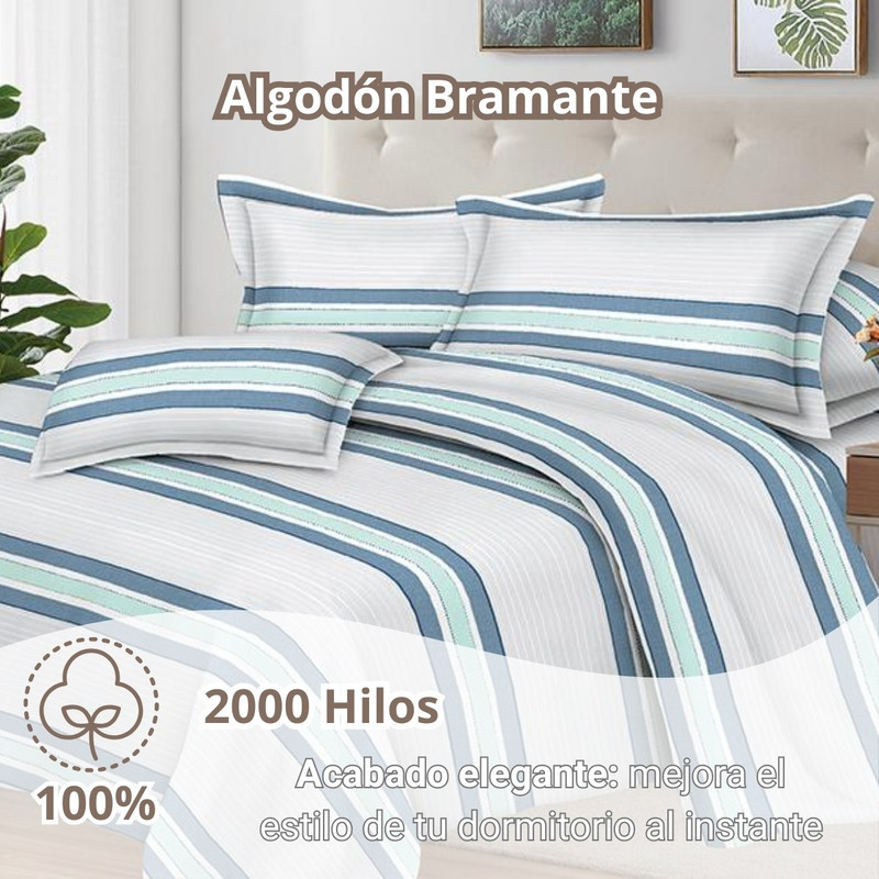 JUEGO DE SÁBANAS 100% SUAVE ALGODÓN 2PLAZAS 4 PIEZAS 2000 HILOS RAYAS MARINAS - 2