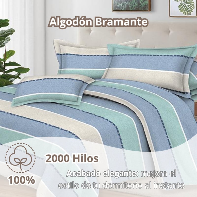 JUEGO DE SÁBANAS 100% SUAVE ALGODÓN 2PLAZAS 4 PIEZAS 2000 HILOS RAYAS RIVIERA - 2