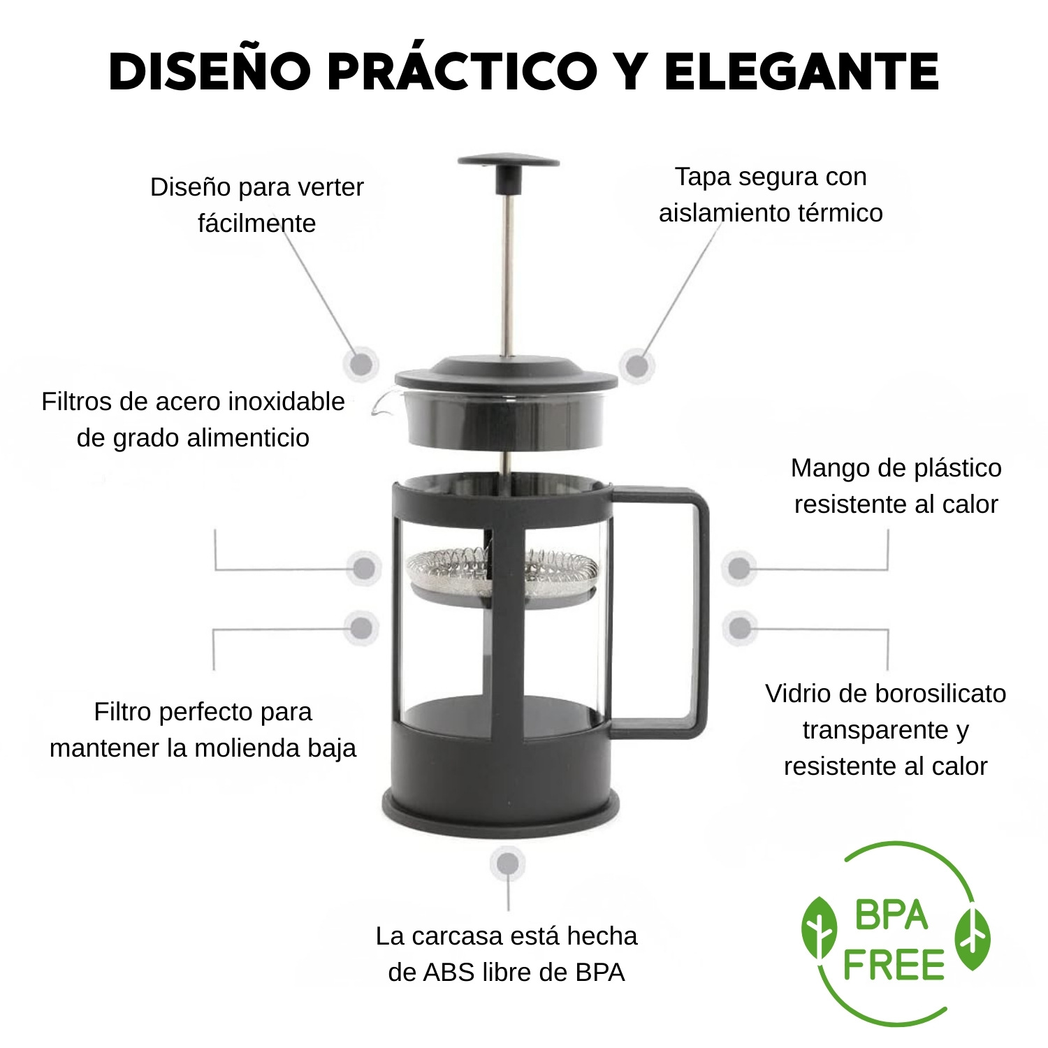 CAFETERA DE PRENSA FRANCESA COLOR NEGRO 350ML - 4