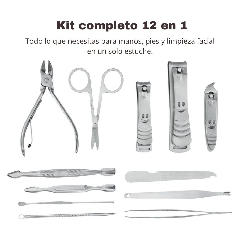 KIT CORTAÚÑAS PEDICURE Y MANICURE 12PIEZAS ACERO INOXIDABLE - 4