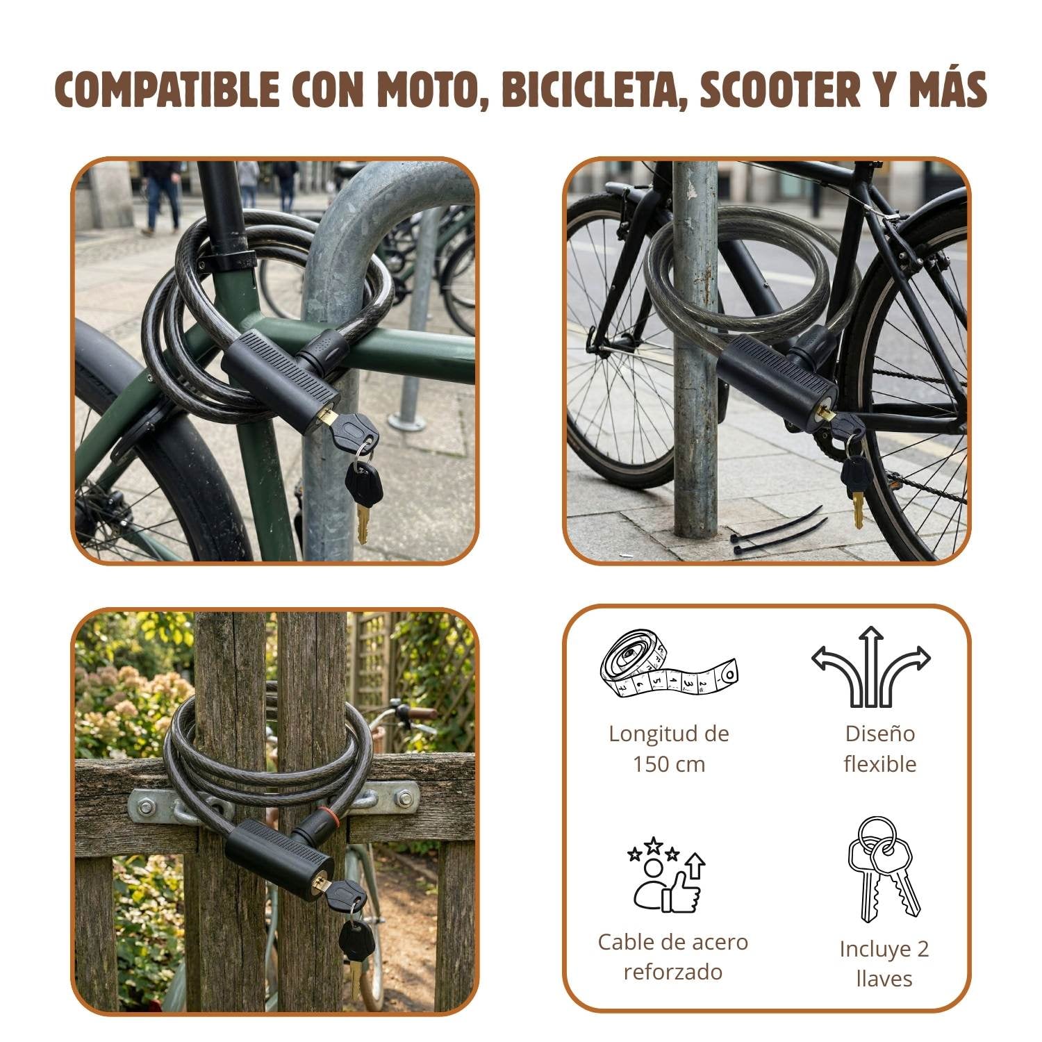 CADENA CANDADO 1.5M PARA BICICLETA, MOTO Y MUCHO MÁS - 2