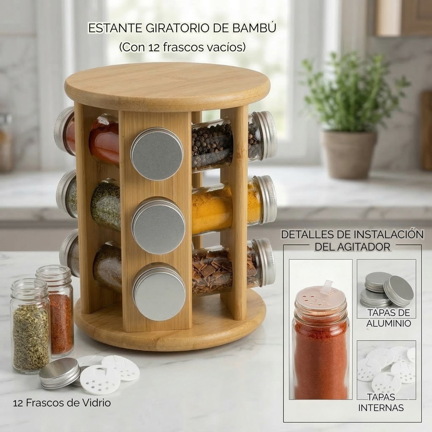 ORGANIZADOR ESPECIAS GIRATORIO 360° MÁS 12 FRASCOS DE 80ML - 3