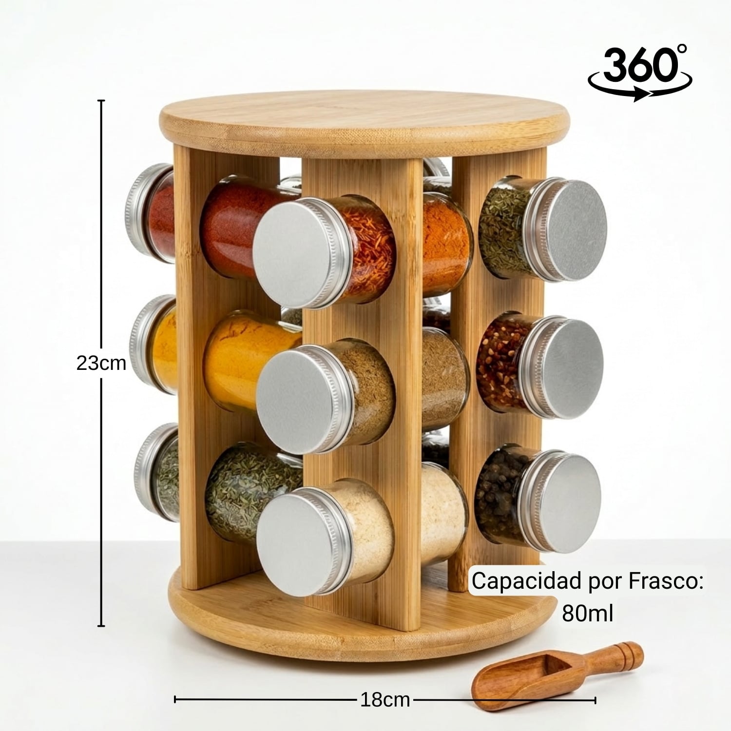 ORGANIZADOR ESPECIAS GIRATORIO 360° MÁS 12 FRASCOS DE 80ML - 4