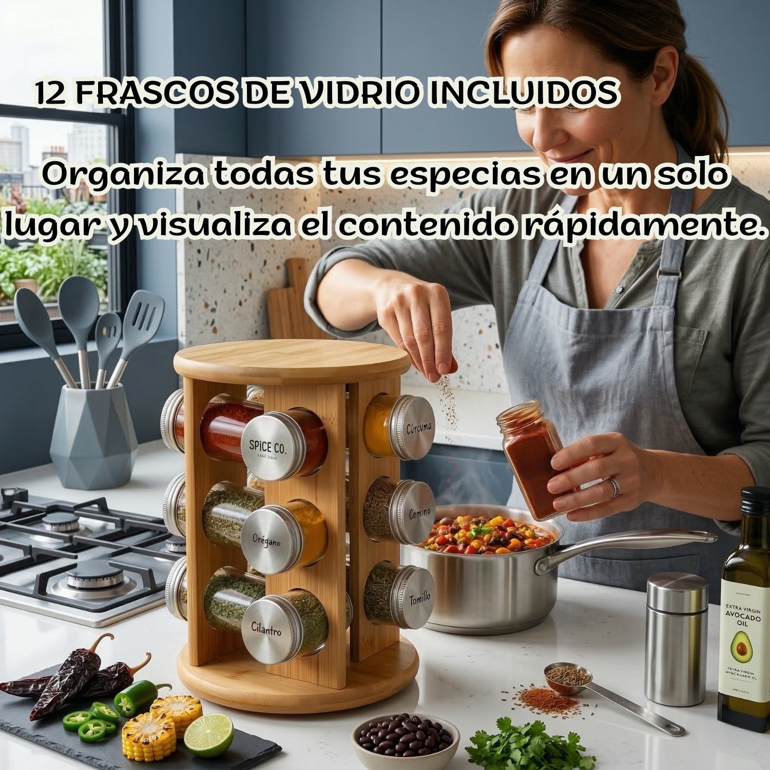 ORGANIZADOR ESPECIAS GIRATORIO 360° MÁS 12 FRASCOS DE 80ML - 5