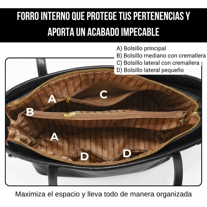 CARTERA TOTE BAG GRANDE NEGRO CON COMPARTIMIENTOS TODO ORGANIZADO - 4