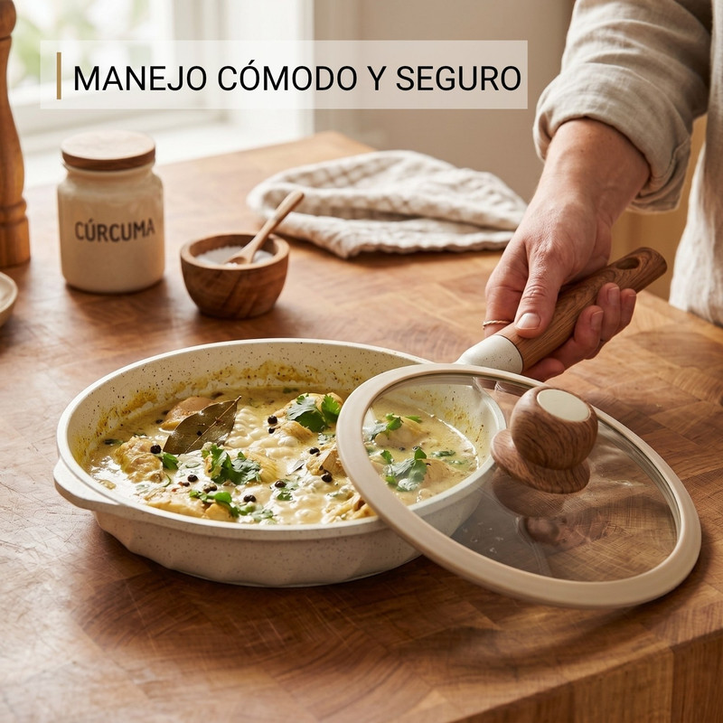 SARTÉN 22CM ANTIADHERENTE CON TAPA MULTIUSO COCINA CREMA - 3