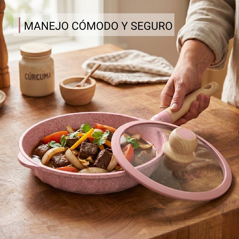 SARTÉN 22CM ANTIADHERENTE CON TAPA MULTIUSO COCINA ROSADO - 3
