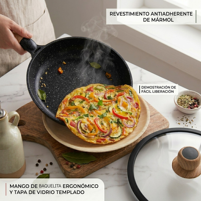 SARTÉN 24CM ANTIADHERENTE CON TAPA MULTIUSO COCINA NEGRO - 4