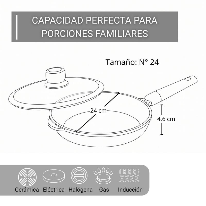 SARTÉN 24CM ANTIADHERENTE CON TAPA MULTIUSO COCINA CREMA - 2