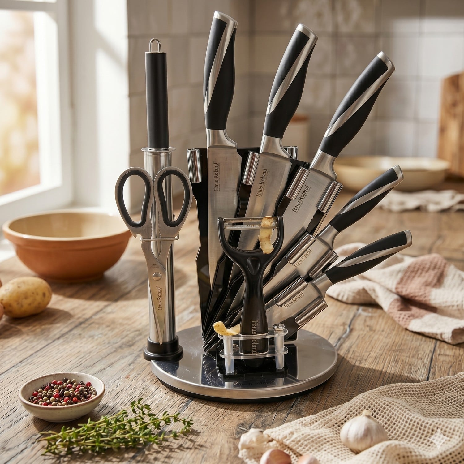 SET DE CUCHILLOS ACERO INOX 9PZS CON BASE GIRATORIA PRÁCTICA - 2
