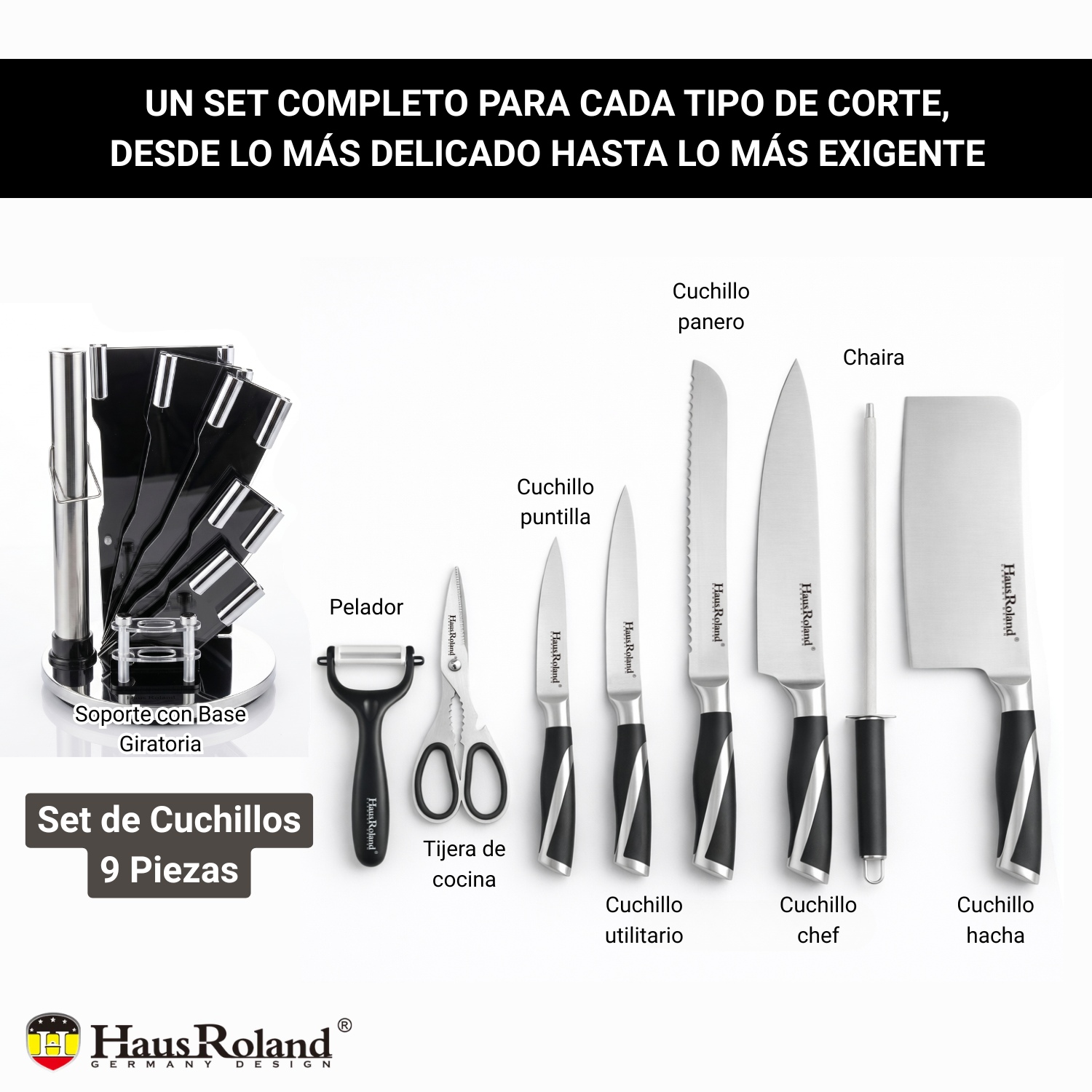 SET DE CUCHILLOS ACERO INOX 9PZS CON BASE GIRATORIA PRÁCTICA - 3