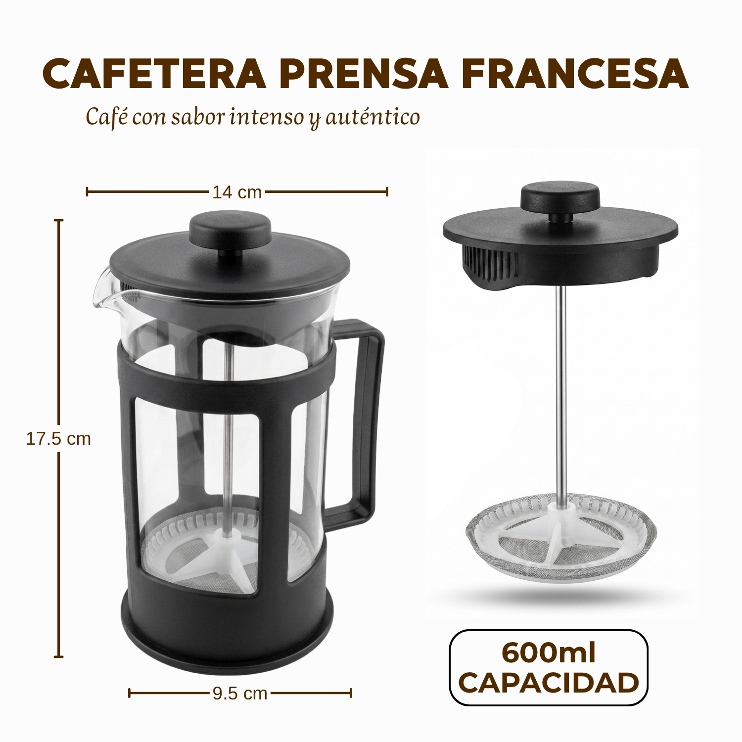 PRENSA FRANCESA 600ML PARA CAFÉ CON FILTRO INOXIDABLE - 3