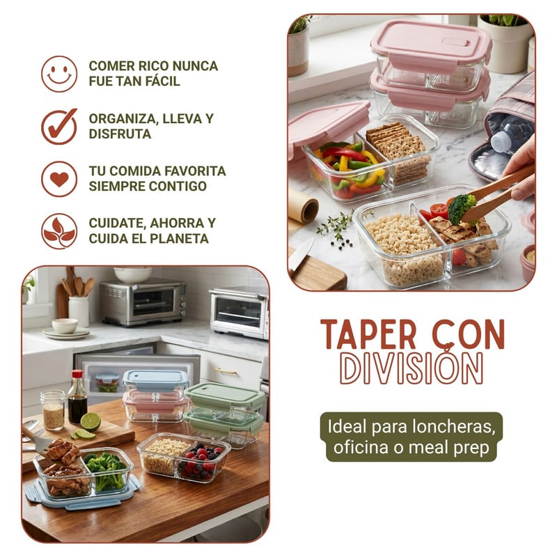 TAPER CON DIVISIÓN 1040ML PACK 3 PARA ORGANIZAR COMIDAS ROSA - 5