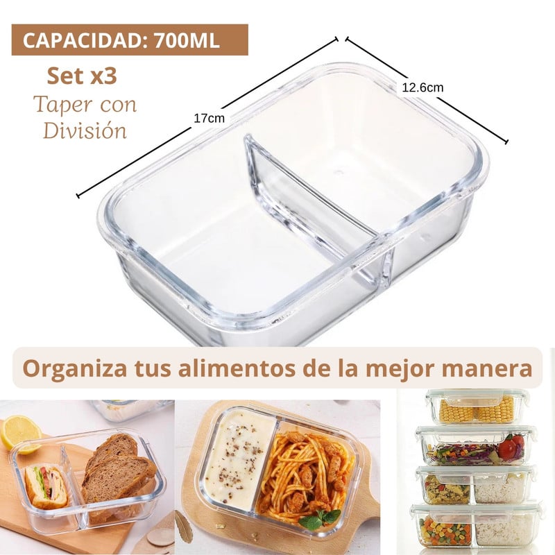 TAPER CON DIVISIÓN 700ML PACK 3 PARA ORGANIZAR ALIMENTOS ROSA - 2