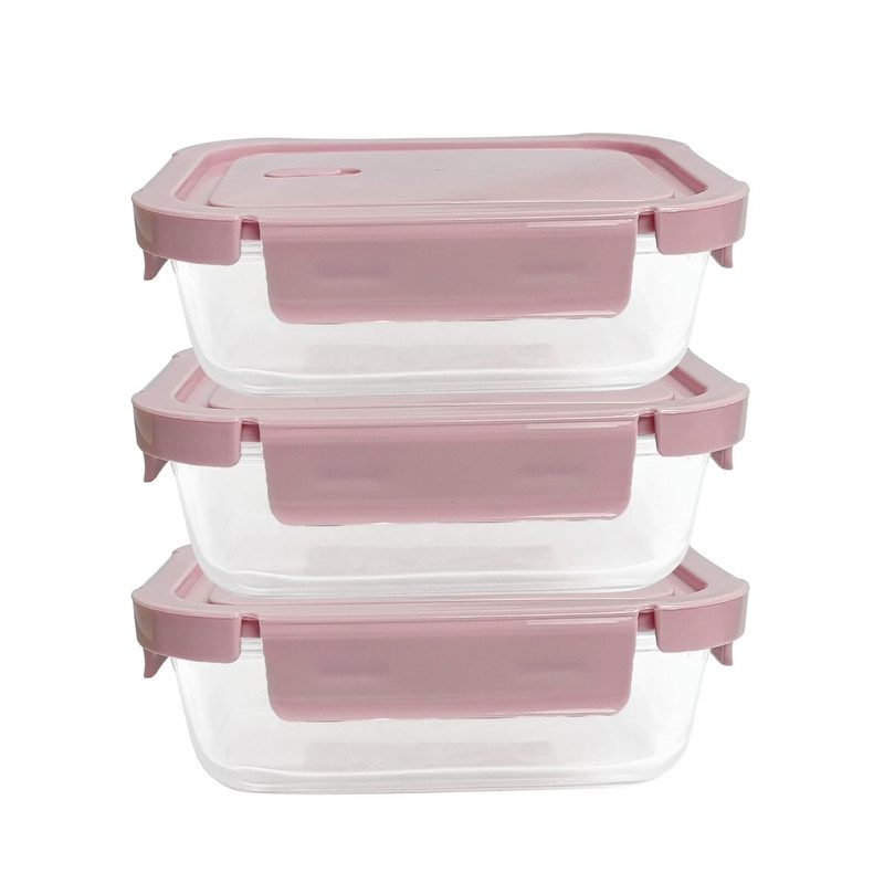 TAPER DE VIDRIO 1040ML HERMÉTICO Y PRÁCTICO 3 UNIDADES ROSA - 1