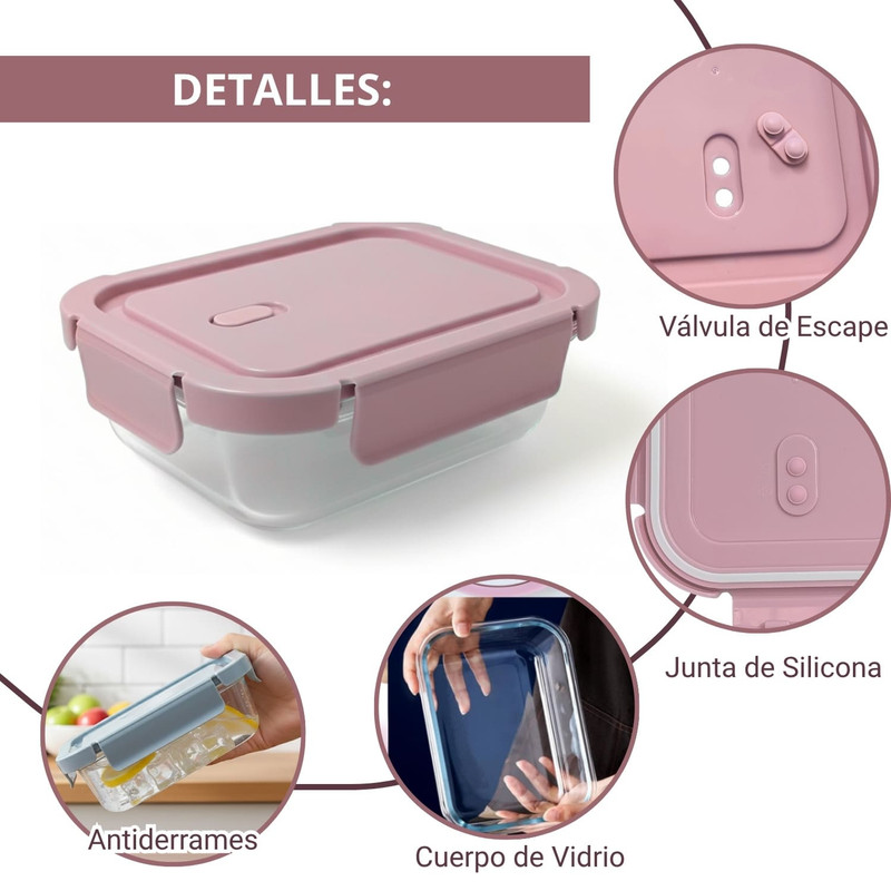 TAPER DE VIDRIO 1040ML HERMÉTICO Y PRÁCTICO 3 UNIDADES ROSA - 3