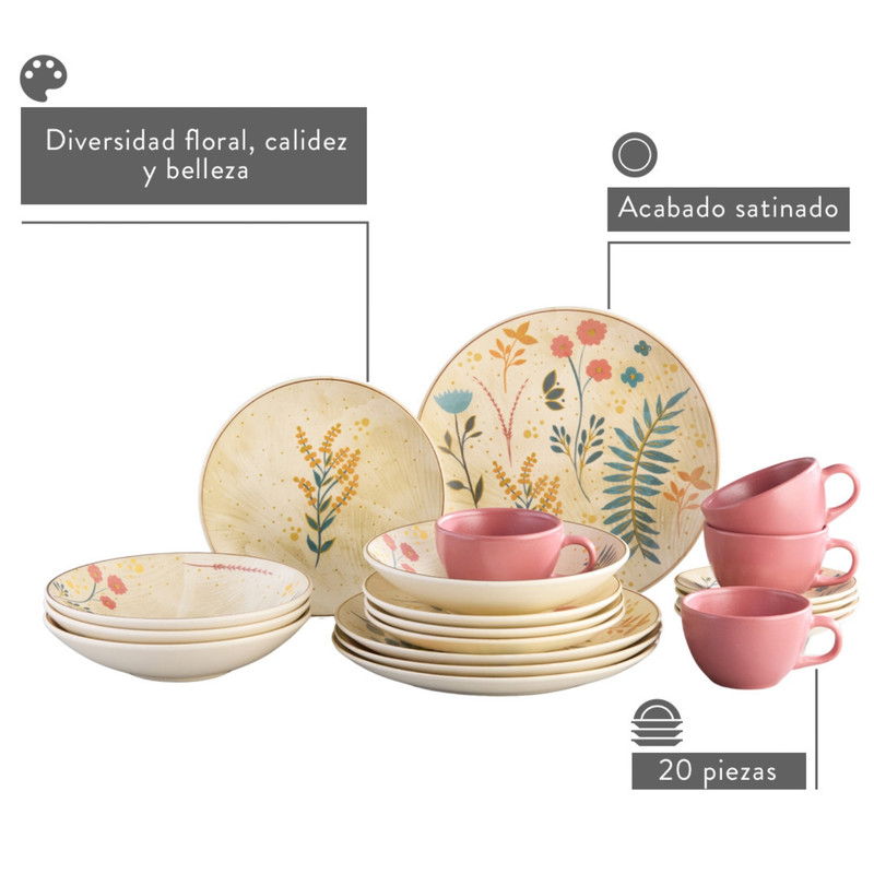 JUEGO DE VAJILLAS 20 PIEZAS CORONA ARABELLA CON DISEÑO FLORAL - 6