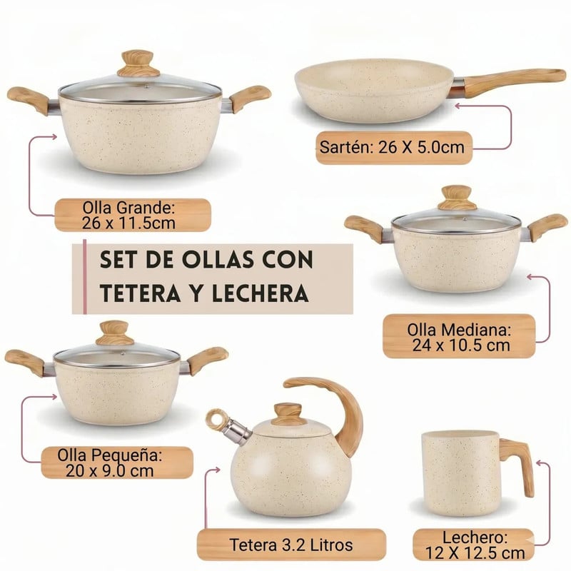 JUEGO DE OLLA DE ROCA VOLCÁNICA ANTIADHERENTE Y LIVIANA POR 10 PIEZAS CREMA - 2