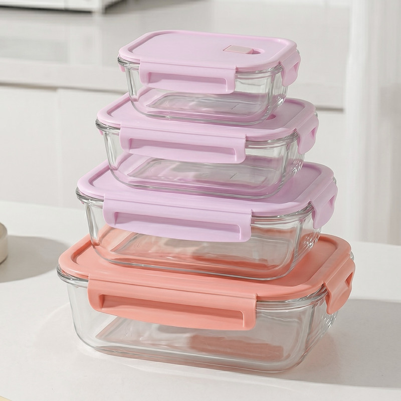 RECIPIENTES TAPER HERMÉTICOS DE VIDRIO 4PZS PARA COCINA ROSA - 1