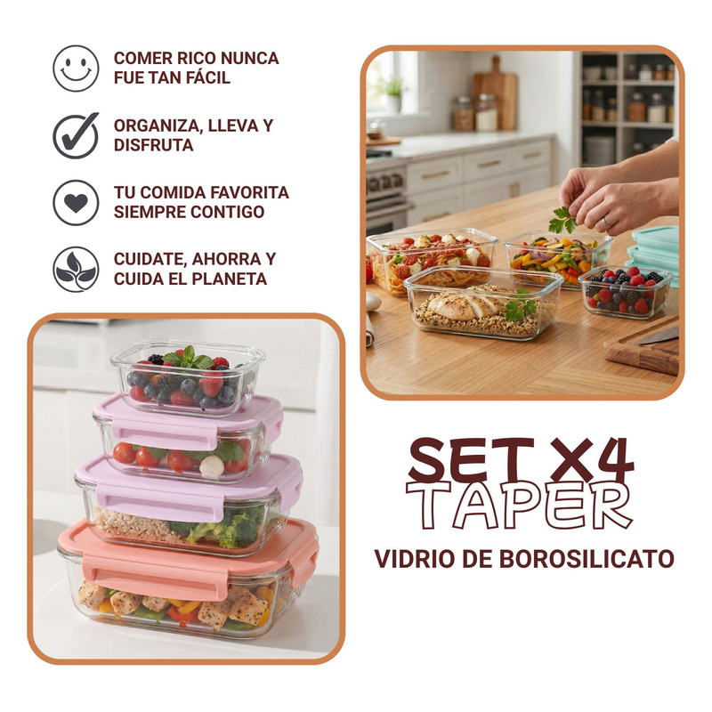 RECIPIENTES TAPER HERMÉTICOS DE VIDRIO 4PZS PARA COCINA ROSA - 2