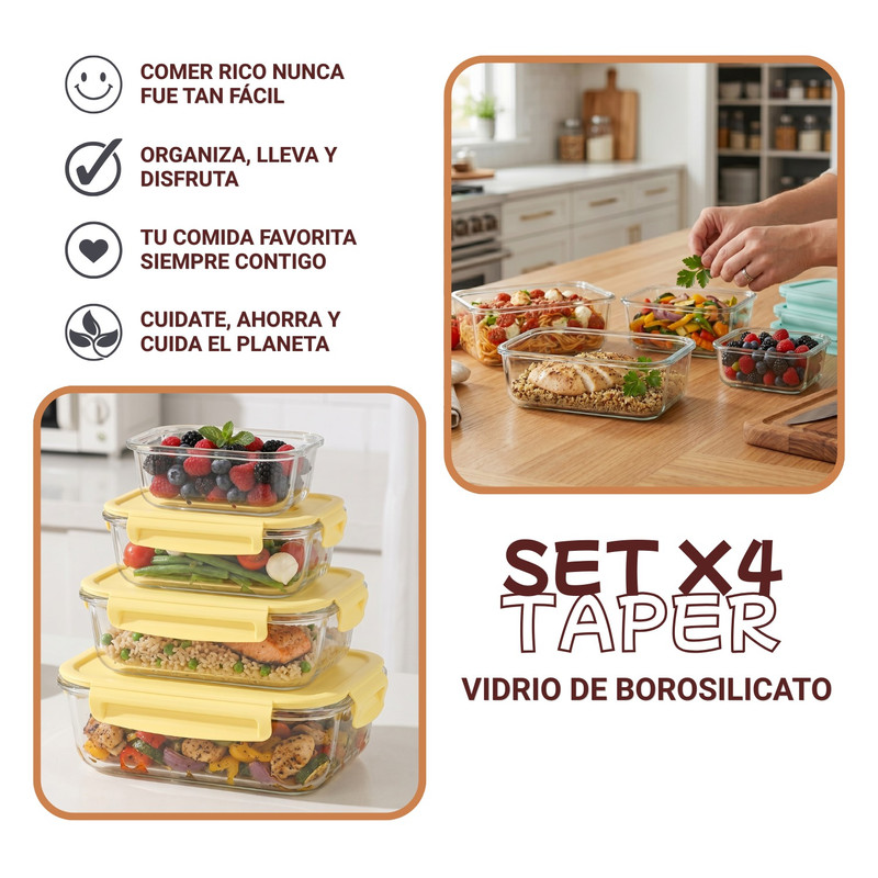 RECIPIENTES TAPER HERMÉTICOS DE VIDRIO 4PZS PARA COCINA VAINILLA - 2