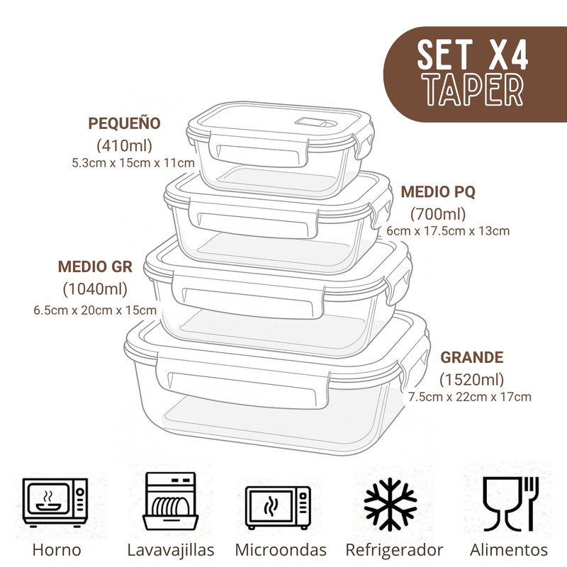 RECIPIENTES TAPER HERMÉTICOS DE VIDRIO 4PZS PARA COCINA VAINILLA - 4