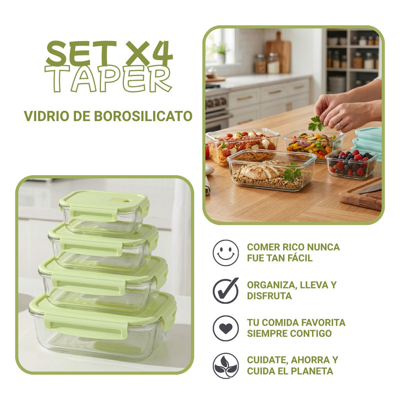 RECIPIENTES TAPER HERMÉTICOS DE VIDRIO 4PZS PARA COCINA VERDE - 2