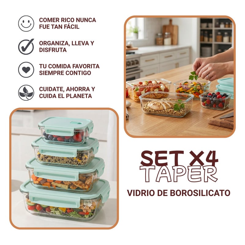 RECIPIENTES TAPER HERMÉTICOS DE VIDRIO 4PZS PARA COCINA JADE - 2