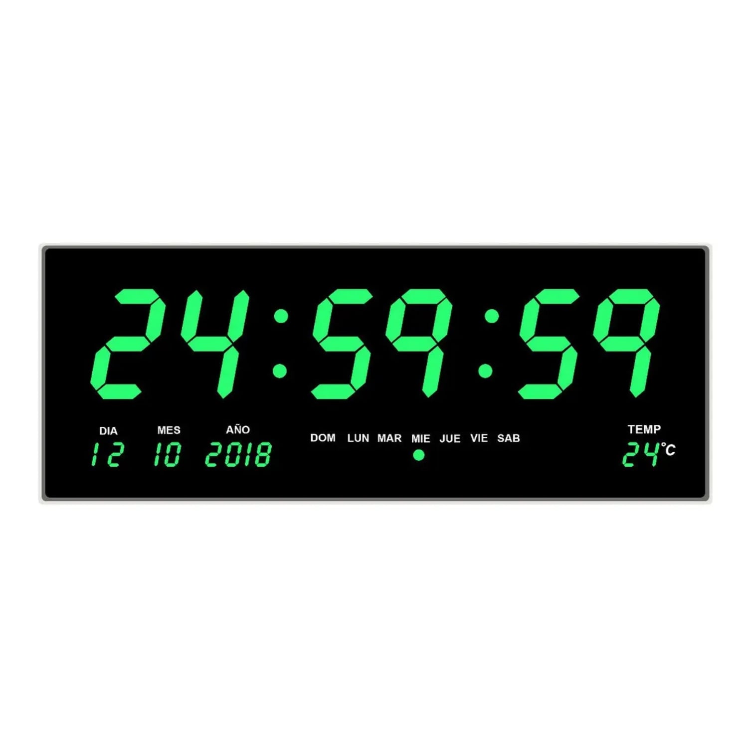 RELOJ DIGITAL DE PARED 46 X 22CM FECHA, HORA Y TEMPERATURA VERDE LED - 1