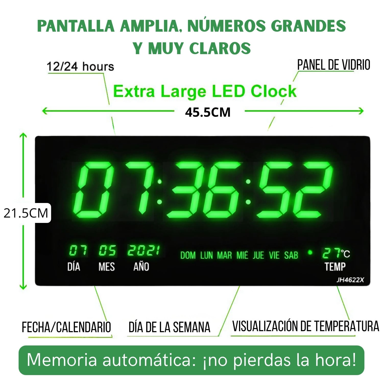 RELOJ DIGITAL DE PARED 46 X 22CM FECHA, HORA Y TEMPERATURA VERDE LED - 2