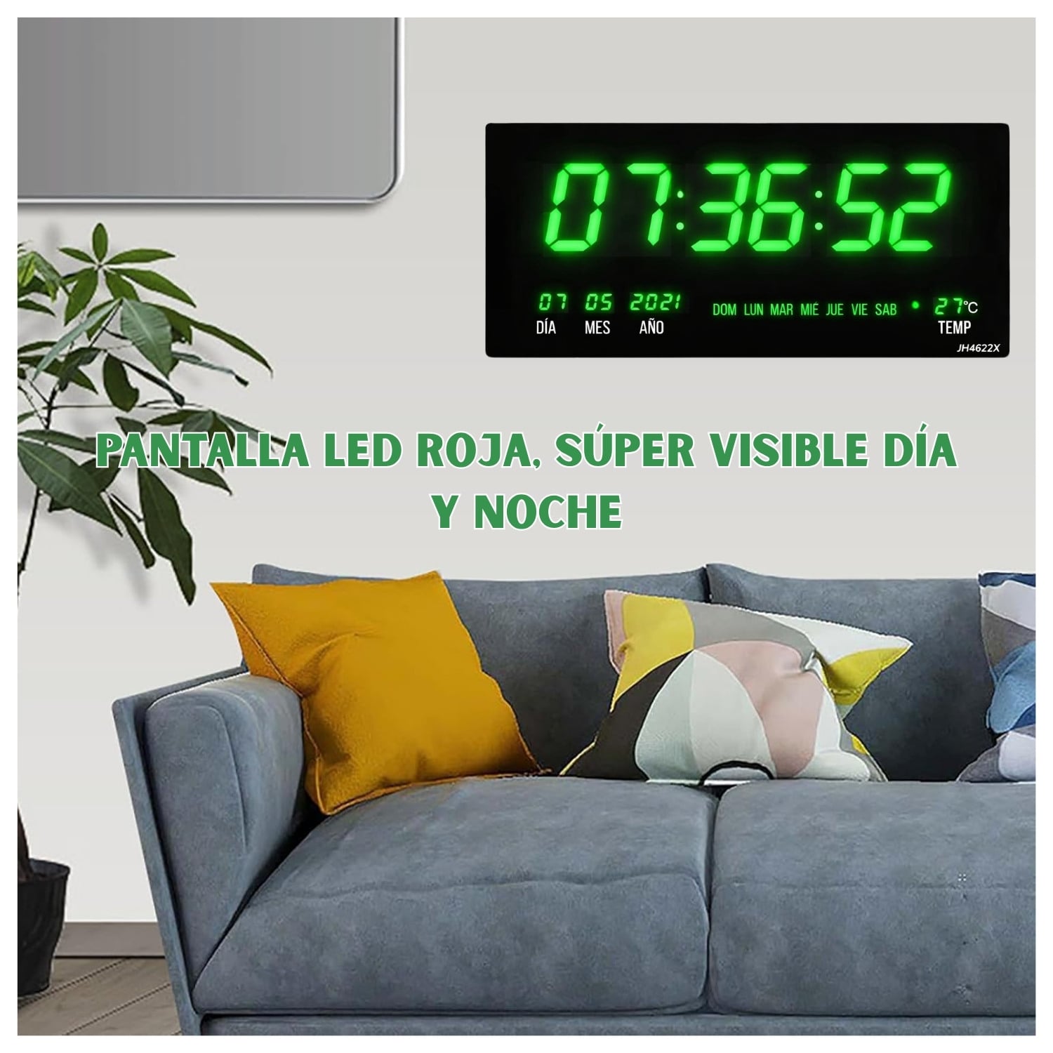 RELOJ DIGITAL DE PARED 46 X 22CM FECHA, HORA Y TEMPERATURA VERDE LED - 3