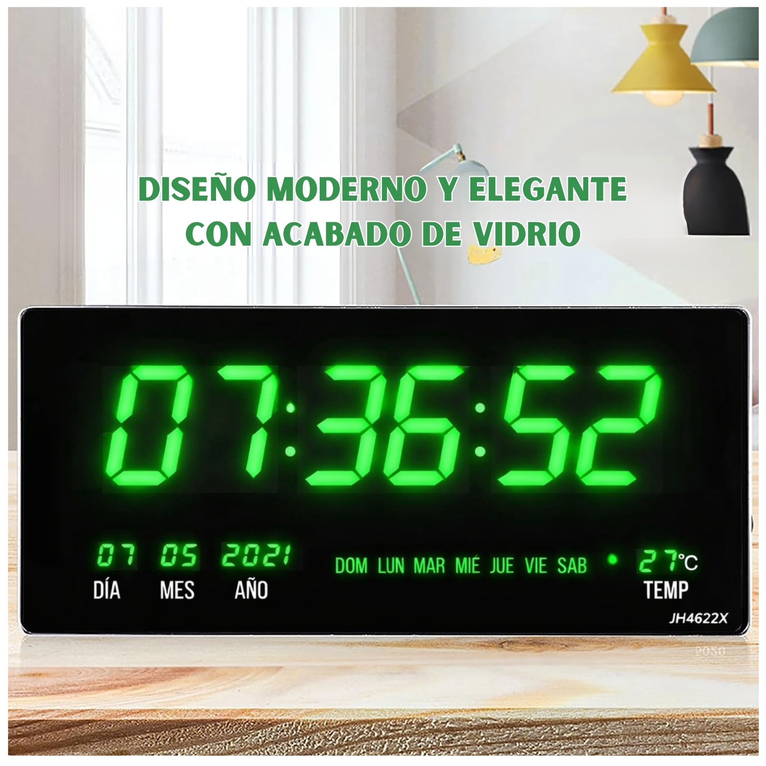 RELOJ DIGITAL DE PARED 46 X 22CM FECHA, HORA Y TEMPERATURA VERDE LED - 4