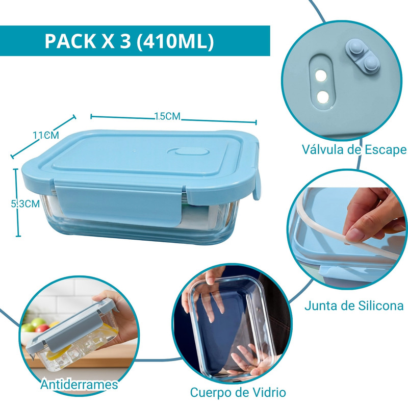 TAPER PEQUEÑO 410ML PARA SNACKS Y POSTRES DE VIDRIO PACK 3 CELESTE - 2