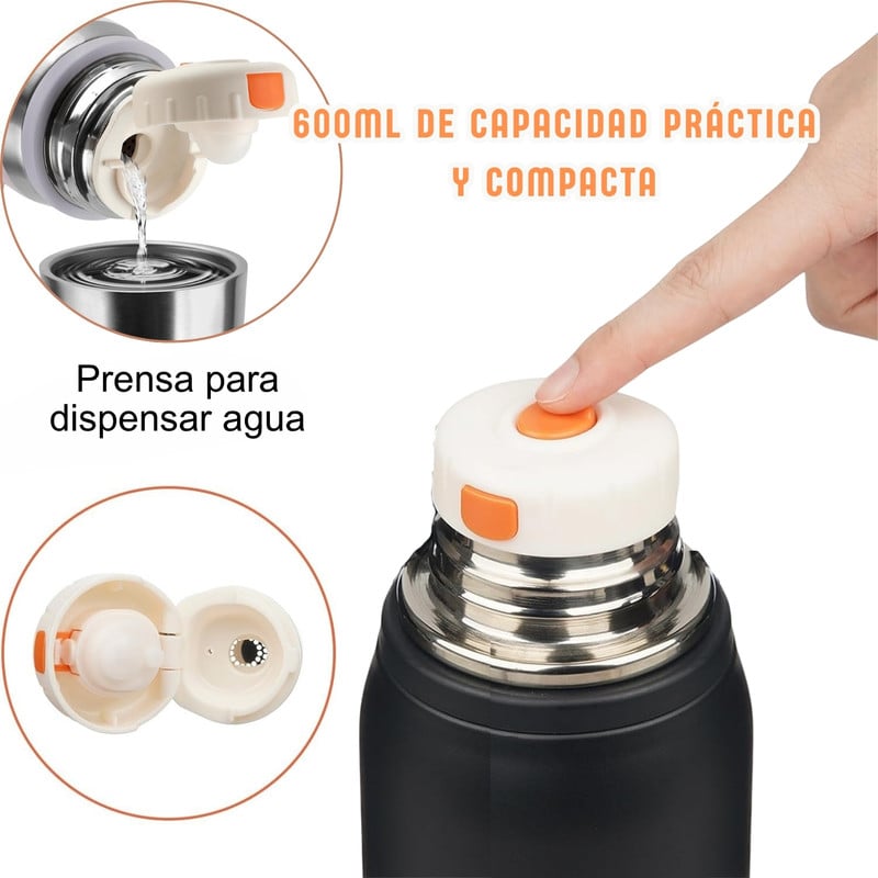 BOTELLA TÉRMICA 600ML DE ACERO INOXIDABLE PORTÁTIL NEGRO - 4