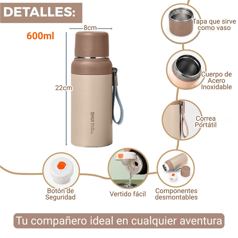 BOTELLA TÉRMICA 600ML DE ACERO INOXIDABLE PORTÁTIL BEIGE - 2