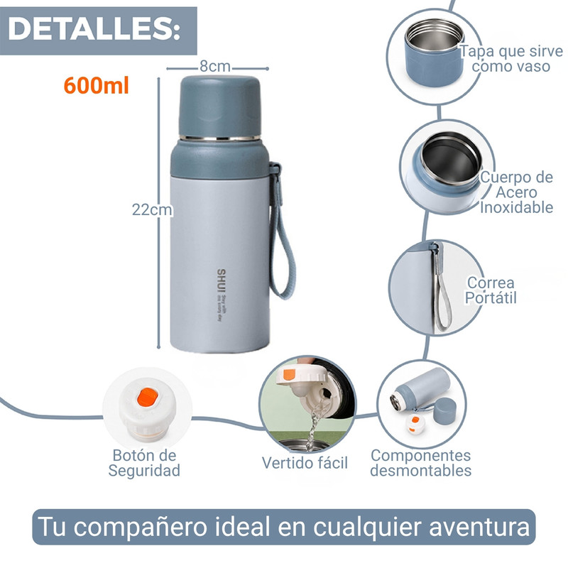 BOTELLA TÉRMICA 600ML DE ACERO INOXIDABLE PORTÁTIL AZUL - 2