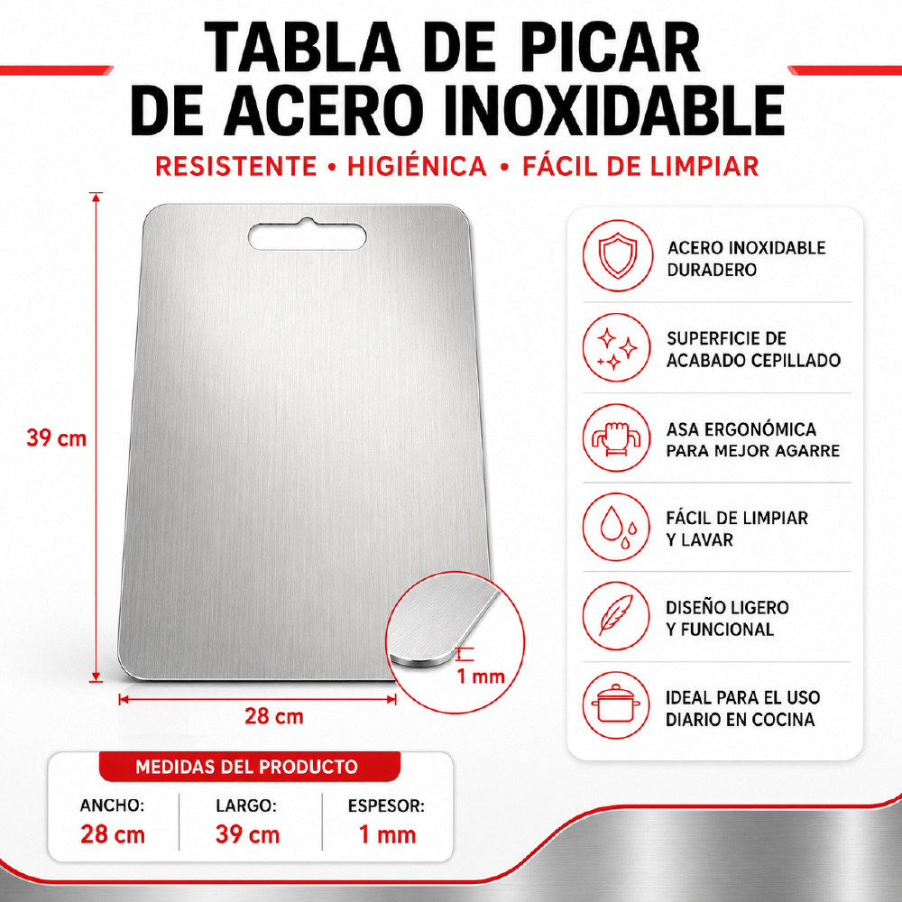 TABLA DE PICAR INOXIDABLE 39X28CM FÁCIL DE LIMPIAR Y RESISTENTE - 2