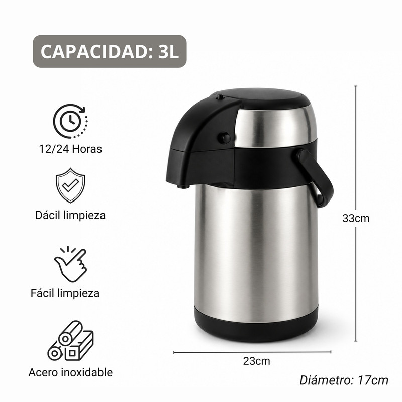 TERMO DISPENSADOR 3L ACERO INOXIDABLE PARA CAFÉ Y BEBIDAS - 2