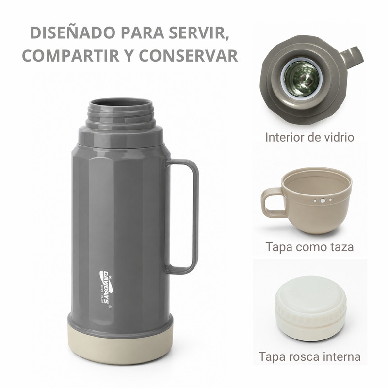 TERMO 1.8 L BEBIDAS CALIENTES Y FRÍAS PARA USO DIARIO FAMILIAR GRIS - 3