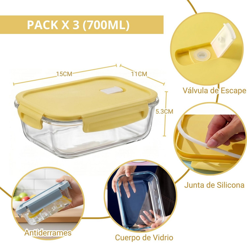 TAPER DE VIDRIO 700ML HERMÉTICO Y PRÁCTICO 3 UNIDADES VAINILLA - 2
