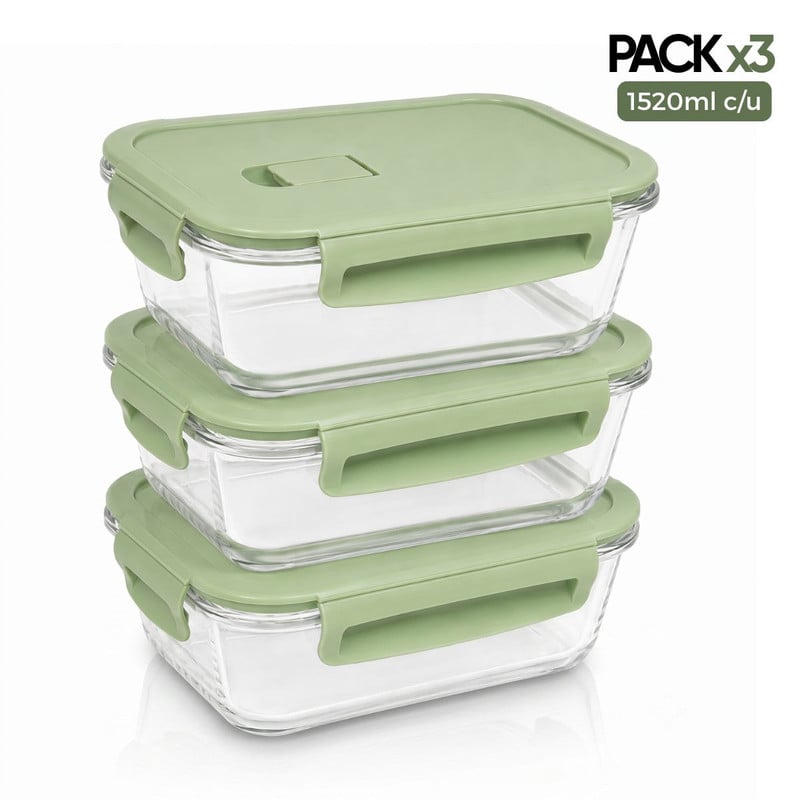 SET 3 TAPER DE VIDRIO 1520ML HERMÉTICOS PARA COCINA PRÁCTICA VERDE - 1