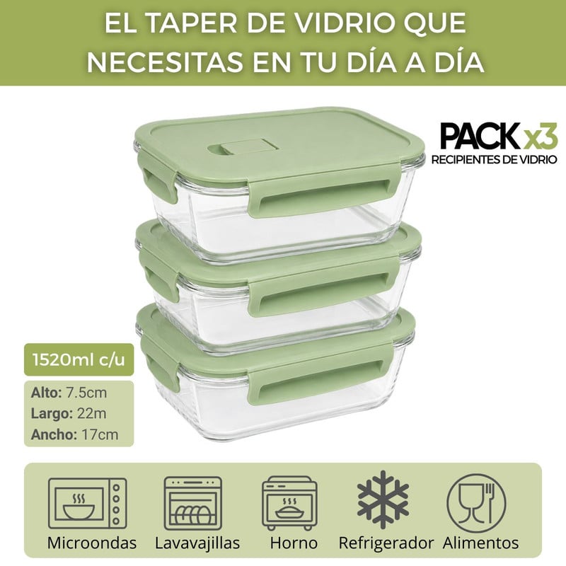 SET 3 TAPER DE VIDRIO 1520ML HERMÉTICOS PARA COCINA PRÁCTICA VERDE - 3