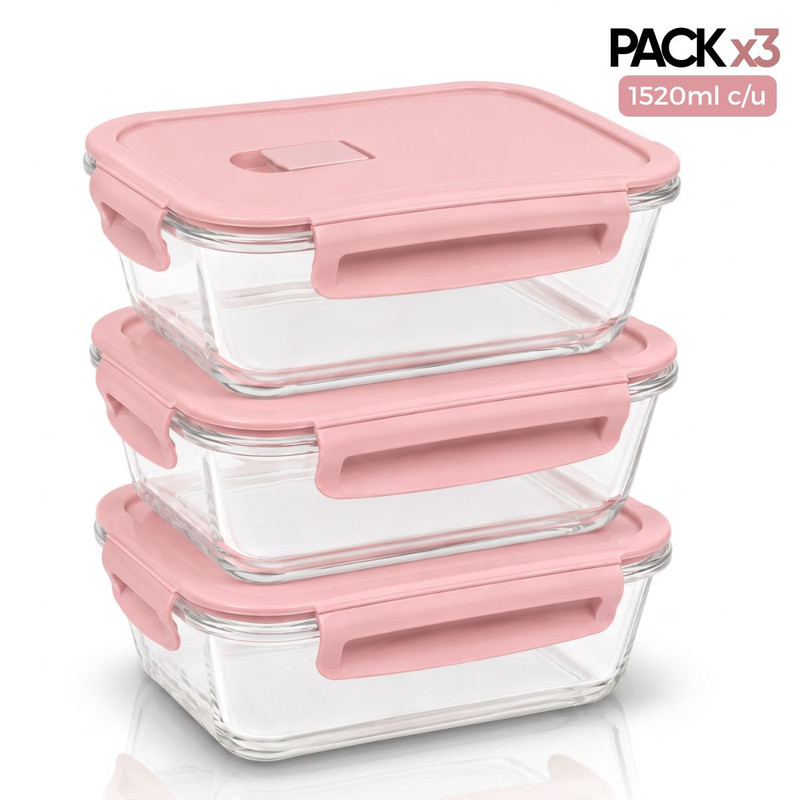 SET 3 TAPER DE VIDRIO 1520ML HERMÉTICOS PARA COCINA PRÁCTICA ROSA - 1