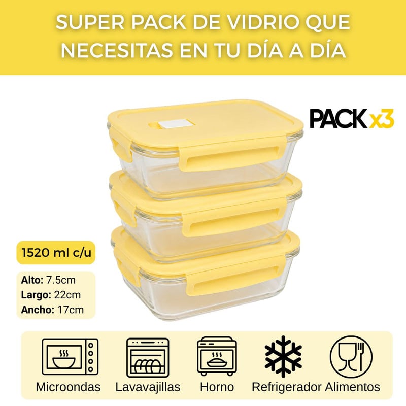 SET 3 TAPER DE VIDRIO 1520ML HERMÉTICOS PARA COCINA PRÁCTICA VAINILLA - 3